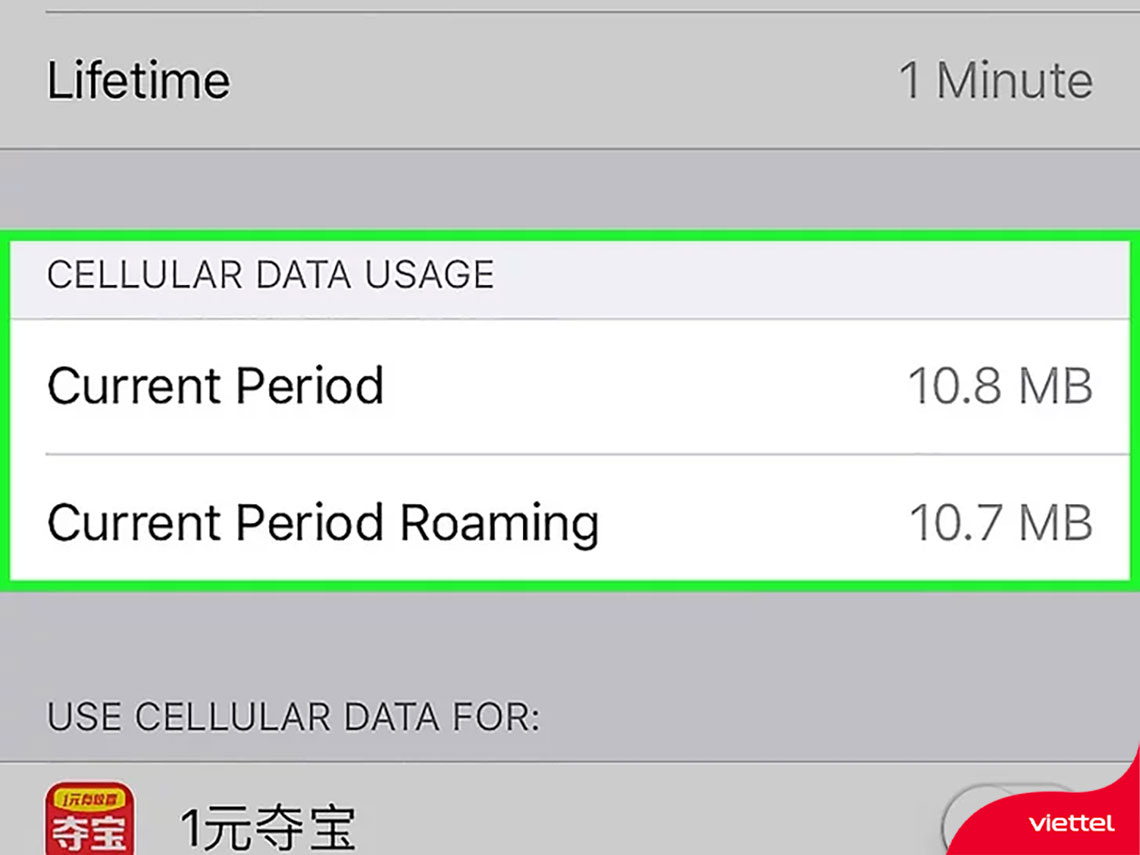 Dữ liệu roaming đã sử dụng trong mục Current Period Roaming
